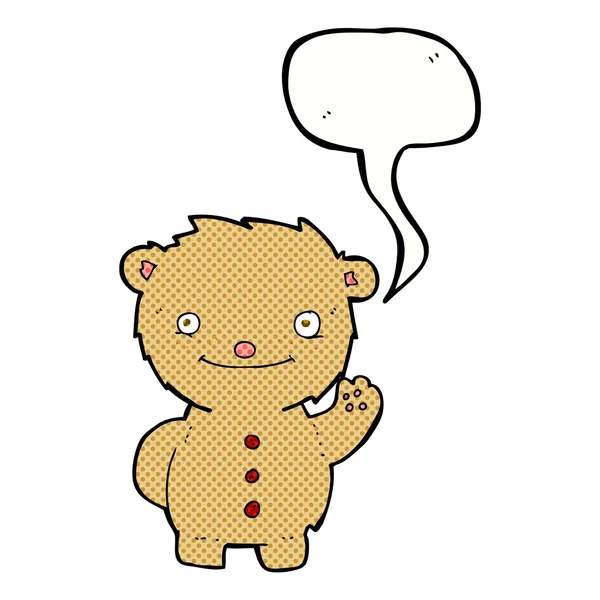 Cartoon waving teddy bear with speech bubble — Stock Vector