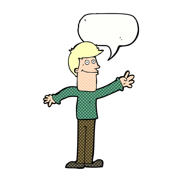 Cartoon happy man waving with speech bubble — Stock Vector