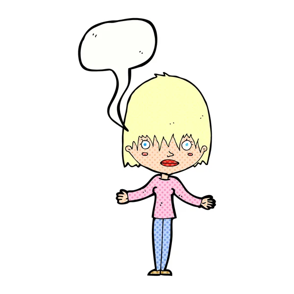 Mujer de dibujos animados hombros encogiéndose de hombros con burbuja del habla — Vector de stock