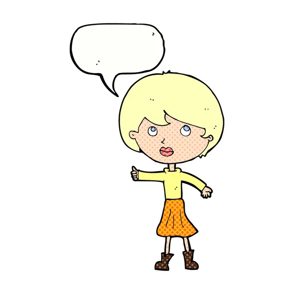 Mujer de dibujos animados haciendo una pregunta con burbuja del habla — Vector de stock