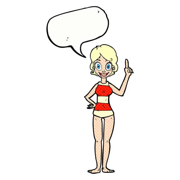 Cartoon vrouw in gestreepte badpak met spraakbel — Stockvector