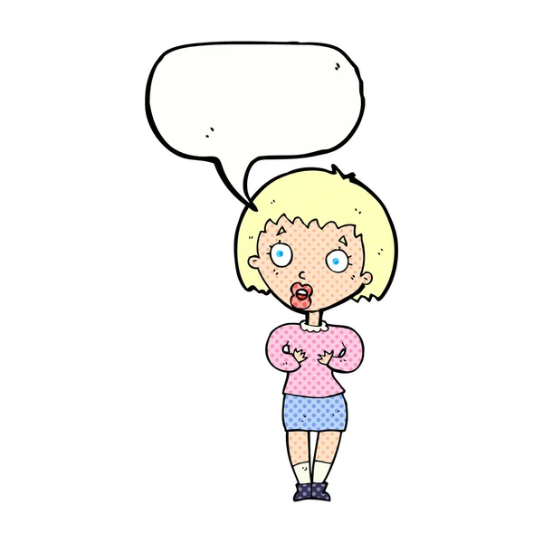 Cartoon woman making Who Me? gesture with speech bubble — Stock Vector