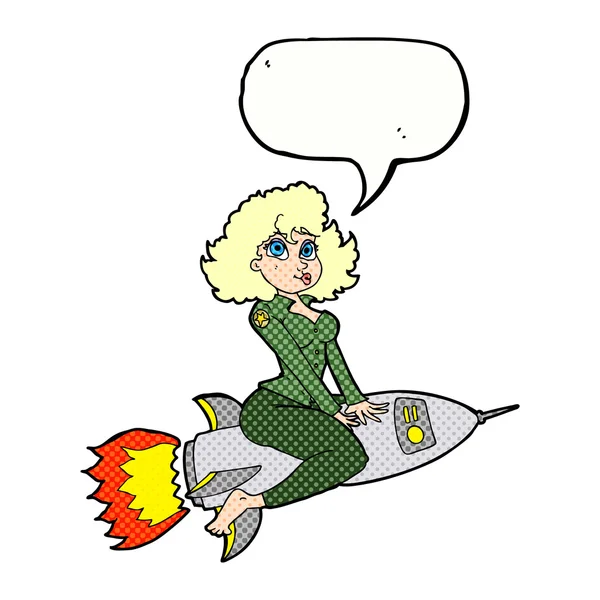 Cartoon army pin up girl riding missile with speech bubble — Stock Vector