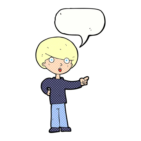 Cartoon pointing boy with speech bubble — Stock Vector