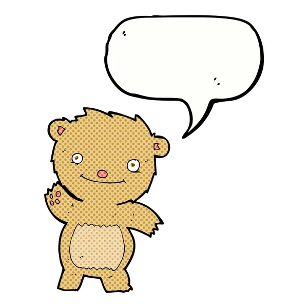 Cartoon waving teddy bear with speech bubble — Stock Vector