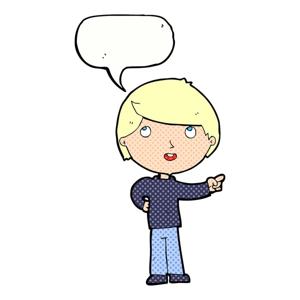 Cartoon jongen wijzen met tekstballon — Stockvector