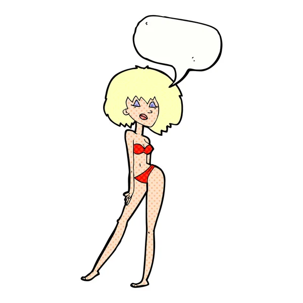 Cartoon woman in bikini with speech bubble — Stock Vector