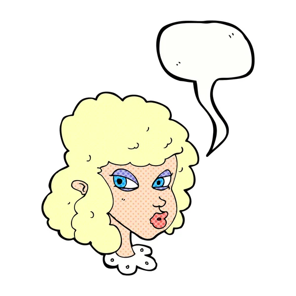 Cartoon suspicious woman with speech bubble — Stock Vector