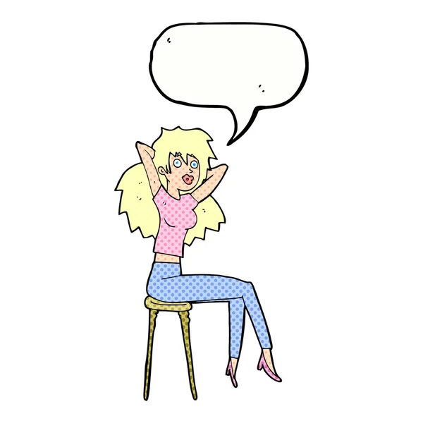 Dessin animé femme posant sur tabouret avec bulle de parole — Image vectorielle