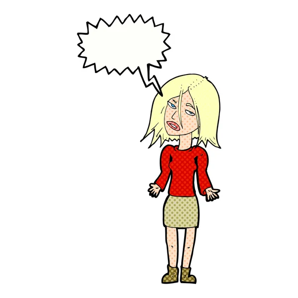 Mulher dos desenhos animados encolhendo ombros com bolha de fala —  Vetores de Stock