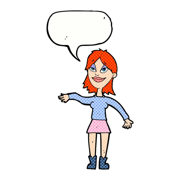 Γελοιογραφία γυναίκα κάνοντας χειρονομία με το συννεφάκι λόγου — Διανυσματικό Αρχείο