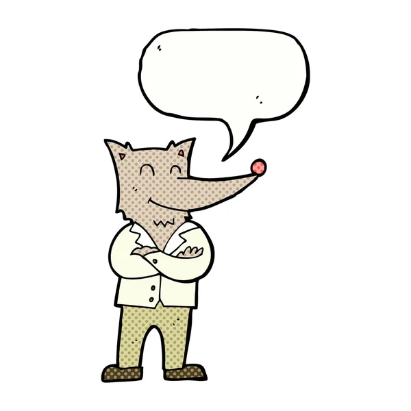 Καρτούν λύκος σε πουκάμισο με φούσκα ομιλία — Διανυσματικό Αρχείο
