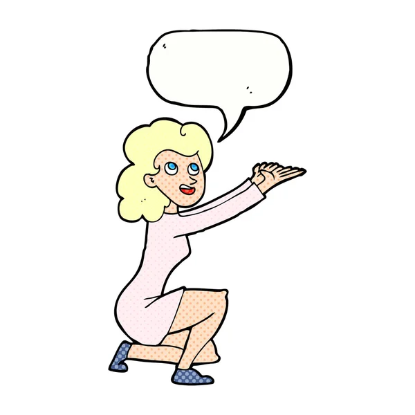 Cartoon Frau Präsentationsgeste mit Sprechblase — Stockvektor