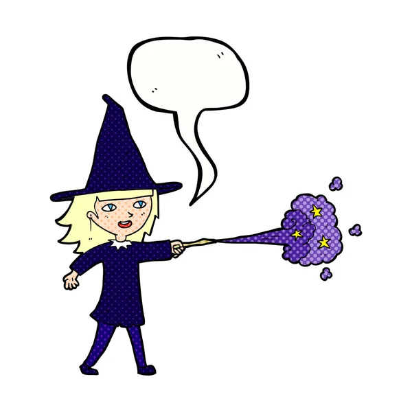 Cartoon witch girl casting spell with speech bubble — Stock Vector