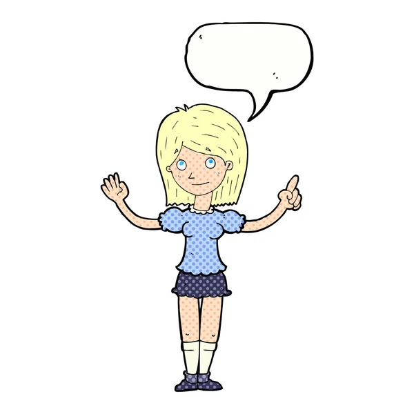 Cartoon woman explaining idea with speech bubble — Stock Vector