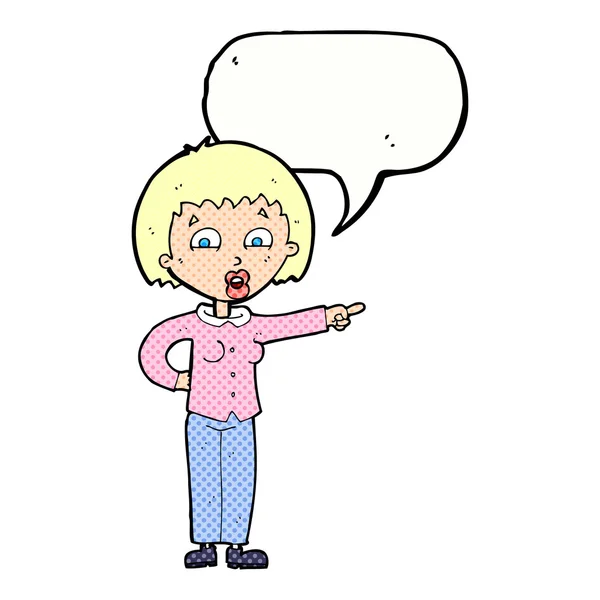 Dessin animé pointant femme avec bulle de parole — Image vectorielle