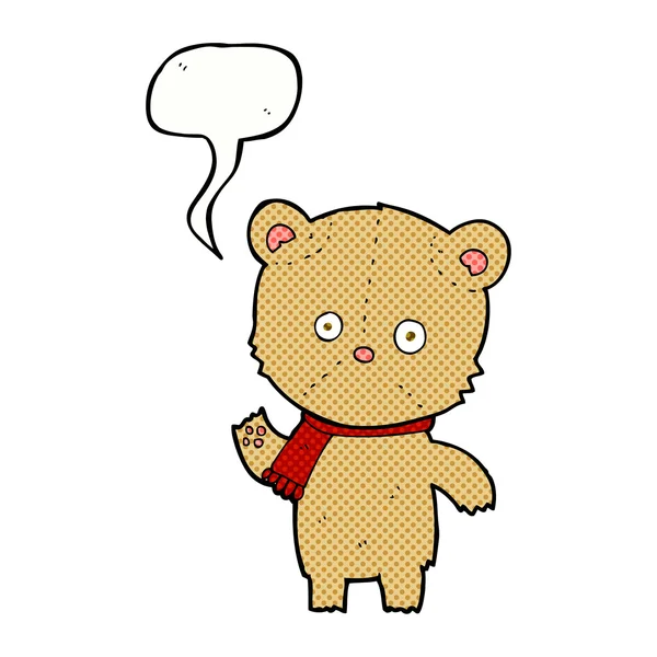 Karikatur schwenkt Teddybär mit Sprechblase — Stockvektor