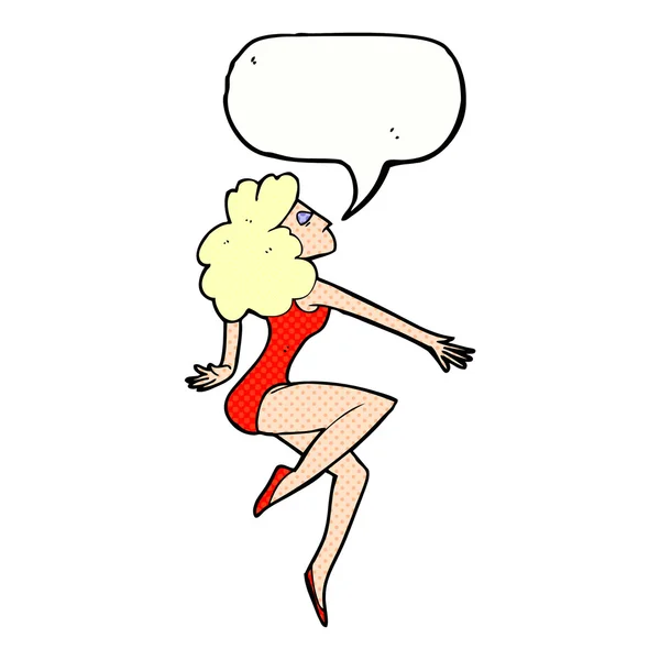 Cartoon dancing woman with speech bubble — Stock Vector