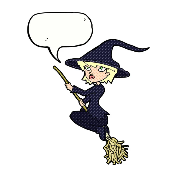 Мультяшная ведьма верхом на метле с пузырьком речи — стоковый вектор