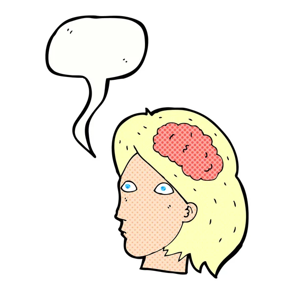 Cabeza femenina de dibujos animados con símbolo cerebral con burbuja del habla — Archivo Imágenes Vectoriales