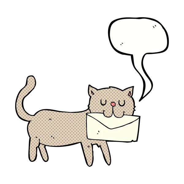 Desenho animado gato carta de transporte com bolha de fala —  Vetores de Stock