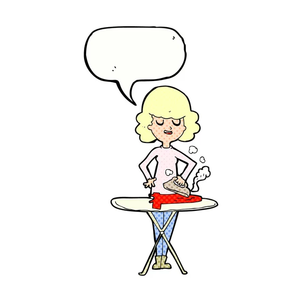 Cartoon woman ironing with speech bubble — Stock Vector