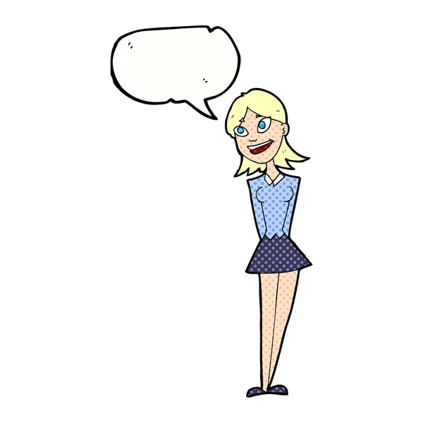 Cartone animato donna felice con la bolla discorso — Vettoriale Stock