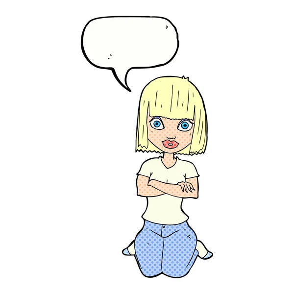 Mujer de dibujos animados de rodillas con la burbuja del habla — Vector de stock