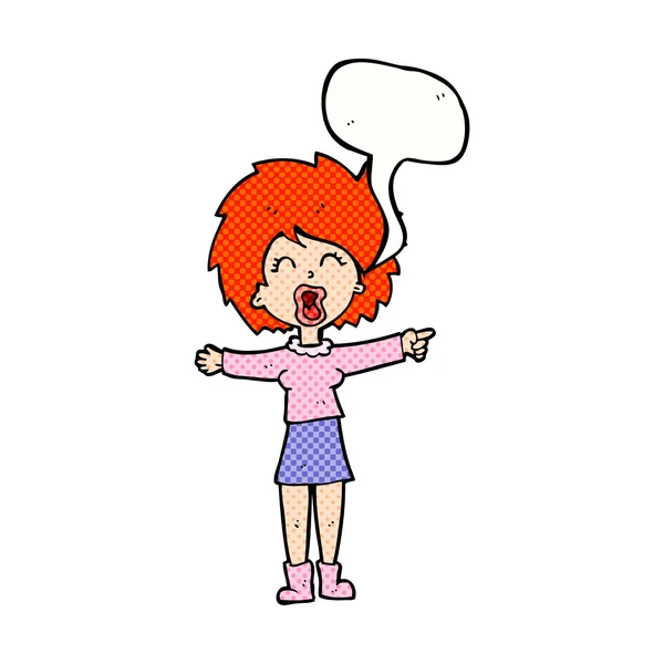 Cartoon stressed out woman talking with speech bubble — Stock Vector