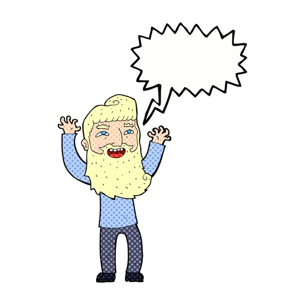 Desenho animado homem barbudo feliz acenando braços com bolha de fala — Vetor de Stock
