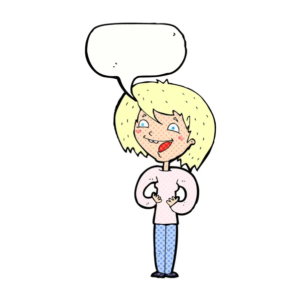 Cartoon excited woman with speech bubble — Stock Vector