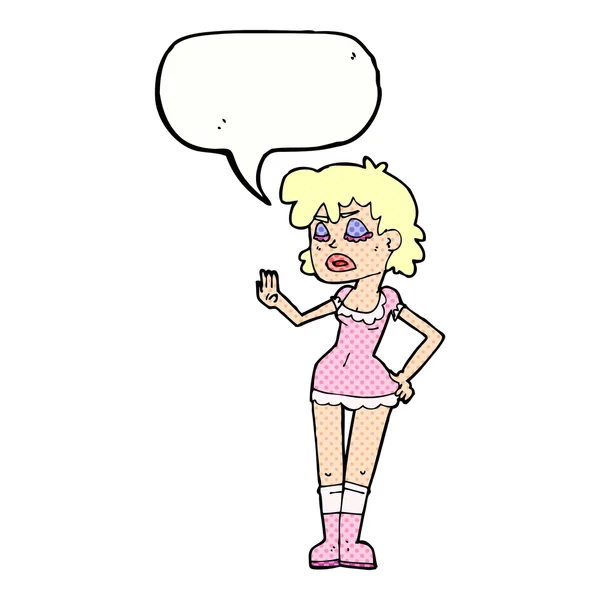 Γελοιογραφία γυναίκα απορριπτικοί χειρονομία με το συννεφάκι λόγου — Διανυσματικό Αρχείο