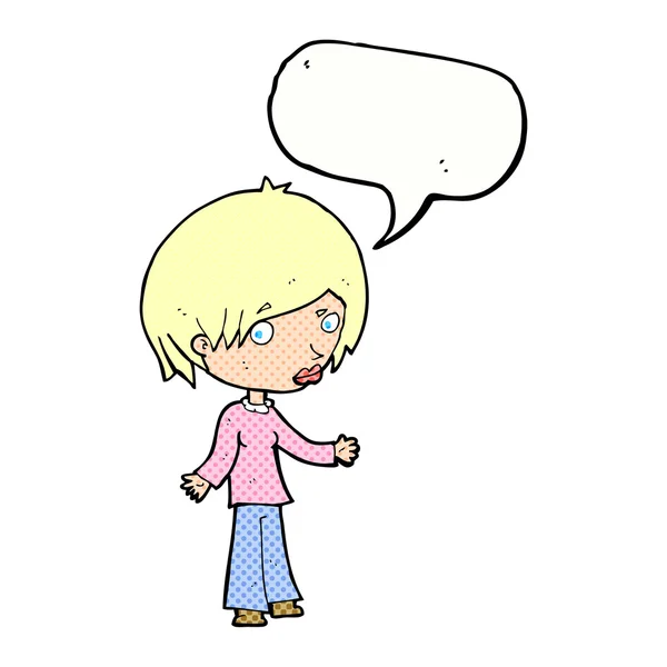 Cartoon confused woman with speech bubble — Stock Vector