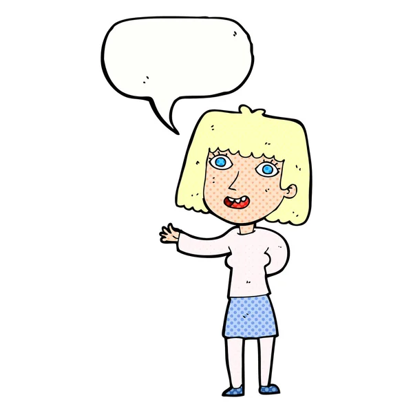 Cartoon friendly woman waving with speech bubble — Stock Vector