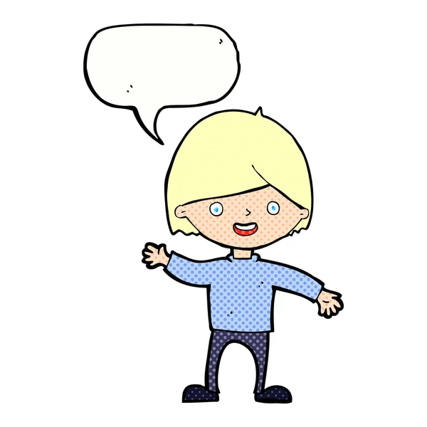 Dibujos animados ondeando chico con burbuja del habla — Vector de stock
