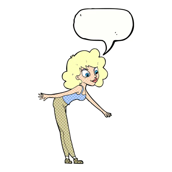 Γελοιογραφία γυναίκα φτάνει να πάρει κάτι με το συννεφάκι λόγου — Διανυσματικό Αρχείο