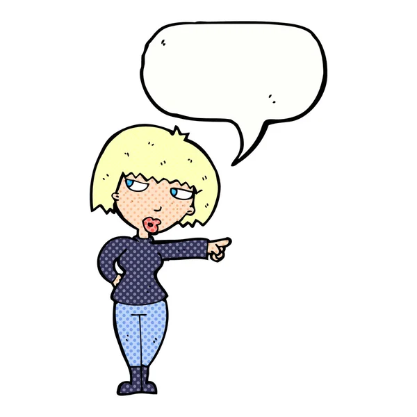 Cartone animato donna infastidito che punta con bolla discorso — Vettoriale Stock