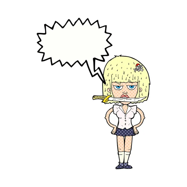 Mujer de dibujos animados con cuchillo entre dientes con burbuja del habla — Vector de stock
