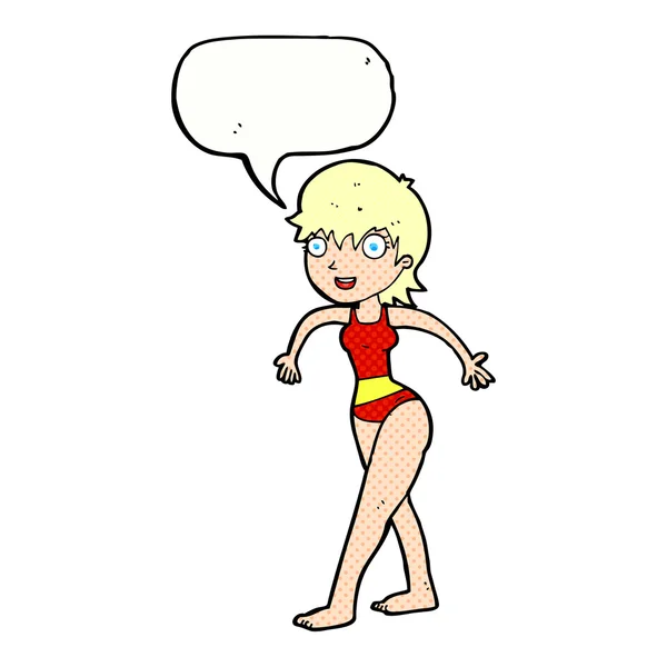 Desenho animado mulher feliz em traje de natação com bolha de fala — Vetor de Stock