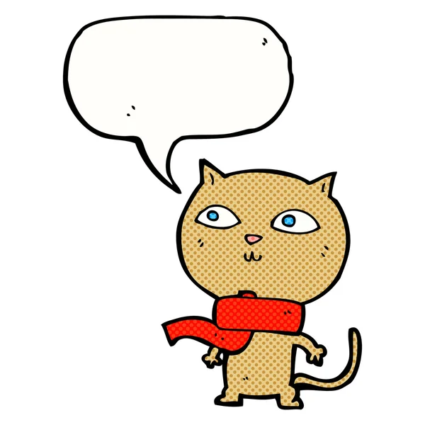 Fumetto divertente gatto indossare sciarpa con discorso bolla — Vettoriale Stock