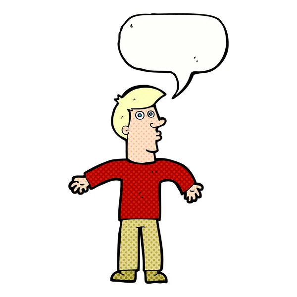 Cartoon man schouders ophalen met spraakzeepbel — Stockvector