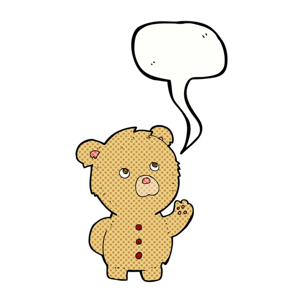 Cartoon waving teddy bear with speech bubble — Stock Vector