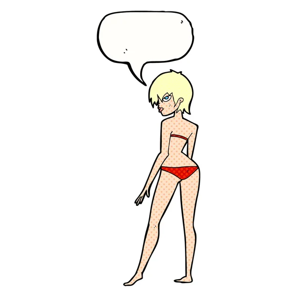 Mujer de dibujos animados en bikini con burbuja del habla — Vector de stock
