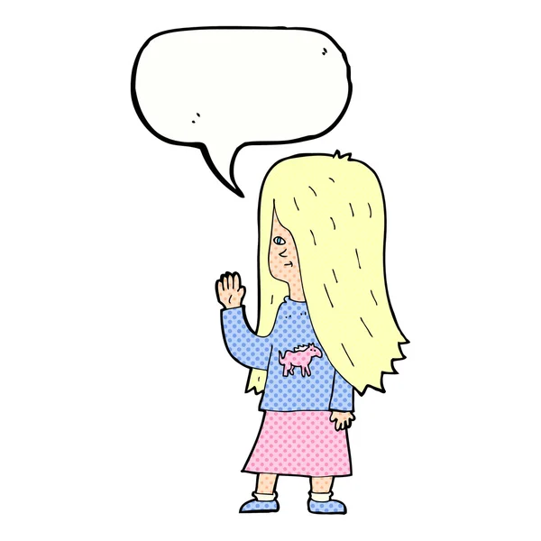Cartoon meisje met pony shirt zwaaien met spraak zeepbel — Stockvector
