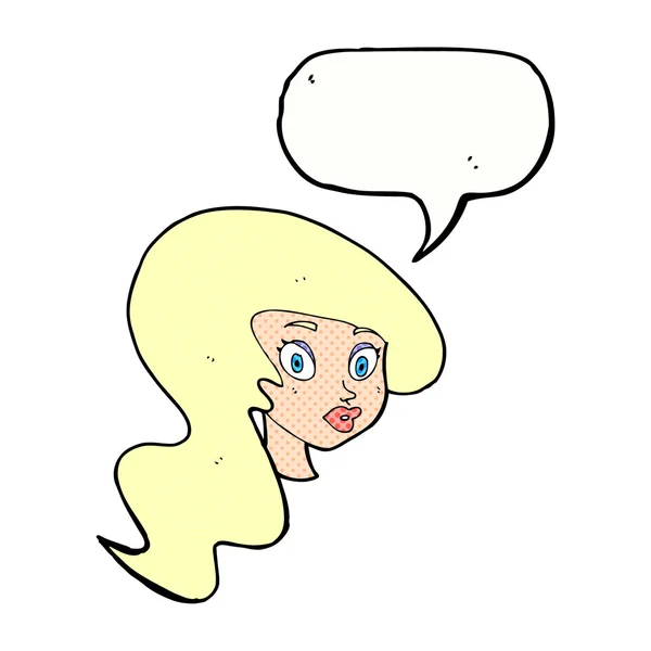 Dibujo animado cara femenina bonita con burbuja del habla — Vector de stock