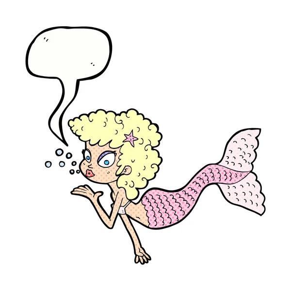 Cartoon mermaid blowing kiss with speech bubble — Stock Vector