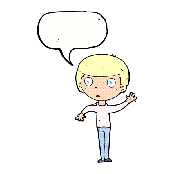 Cartoon zwaaien jongen met spraakbel — Stockvector