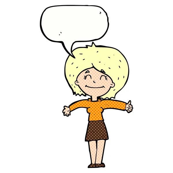 Cartoon woman giving thumbs up sign with speech bubble — Stock Vector