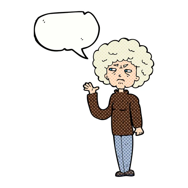 Tecknad irriterad gammal kvinna vinka med tal bubbla — Stock vektor