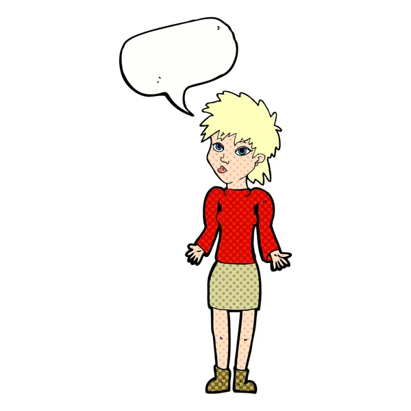 Mulher dos desenhos animados encolhendo ombros com bolha de fala —  Vetores de Stock
